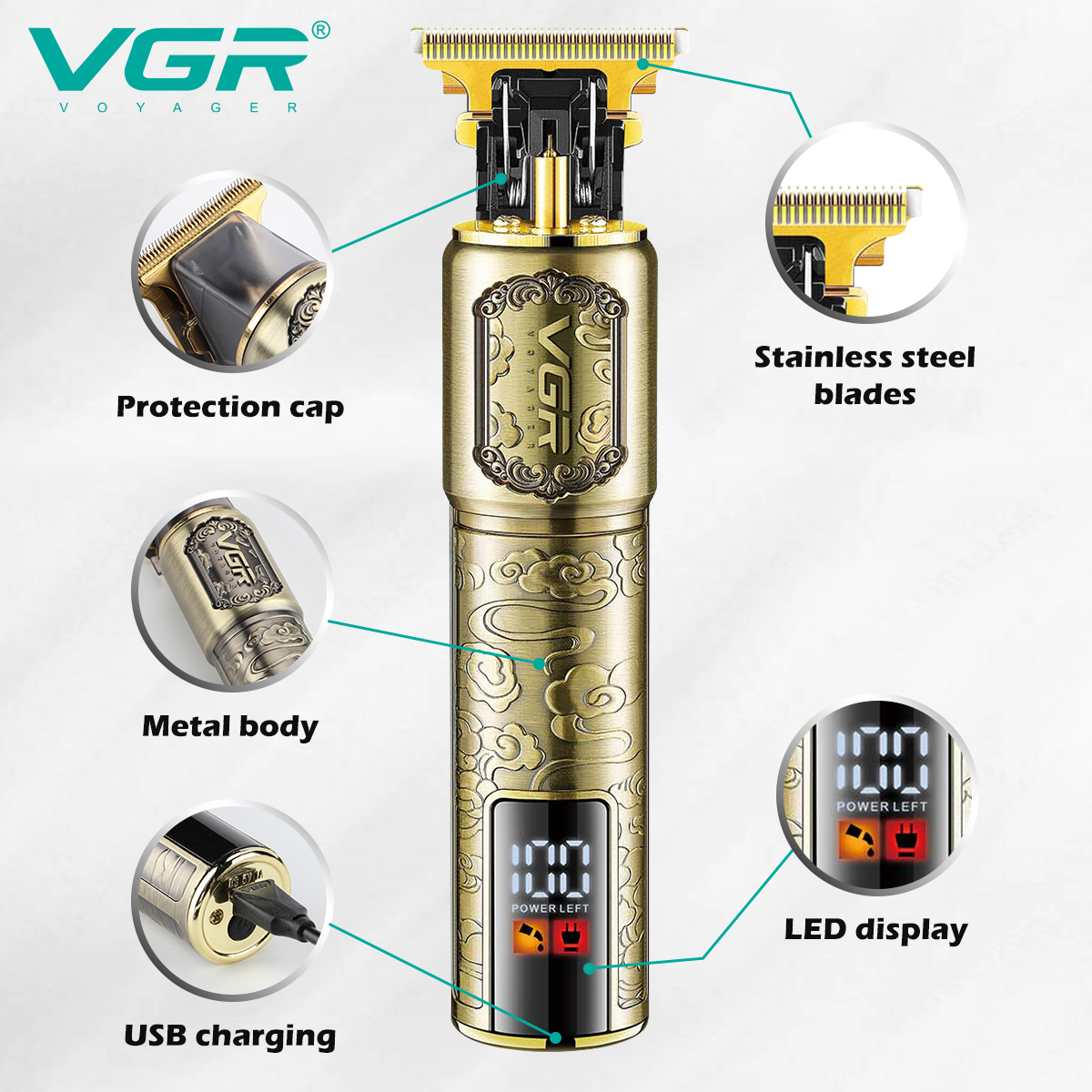 ماشین اصلاح وی جی آر مدل V-073 با تیغه استیل ضد زنگ و برش مستقیم VGR